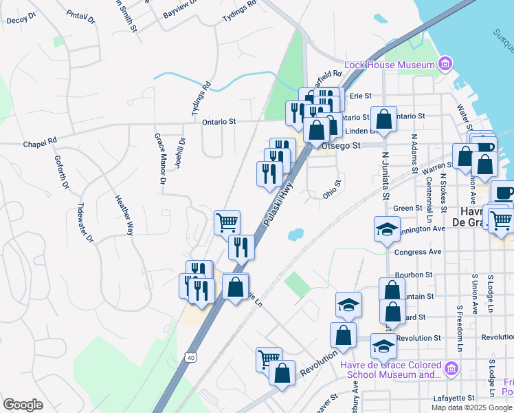 map of restaurants, bars, coffee shops, grocery stores, and more near 931 Pulaski Highway in Havre de Grace
