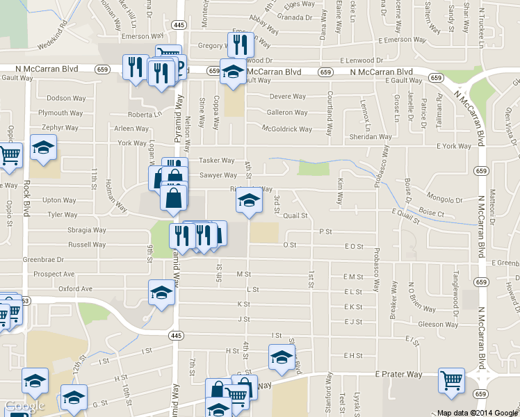 map of restaurants, bars, coffee shops, grocery stores, and more near 2080 4th Street in Sparks