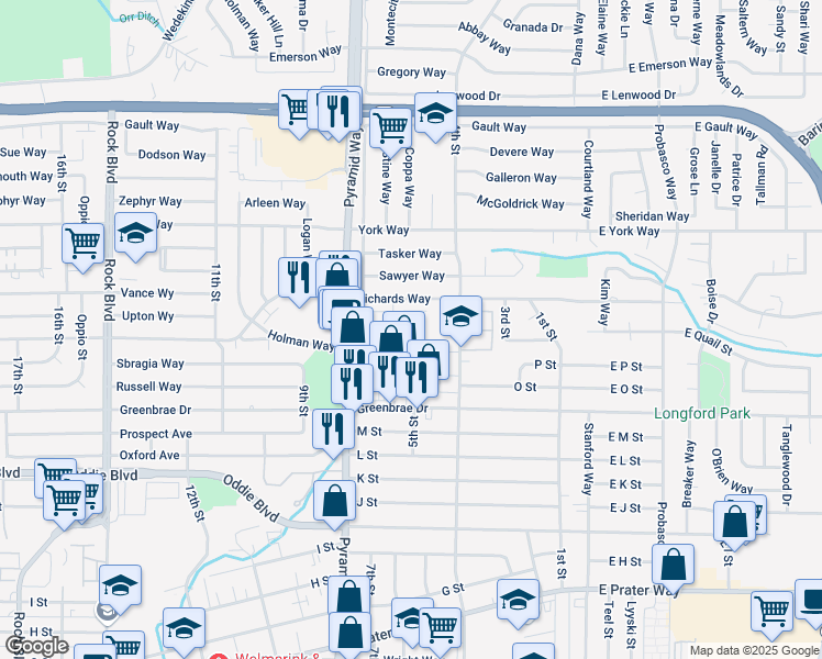 map of restaurants, bars, coffee shops, grocery stores, and more near 485 Richards Way in Sparks