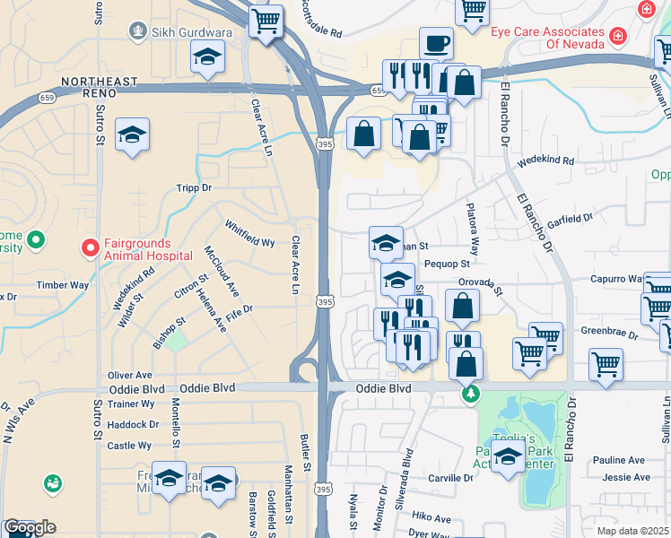 map of restaurants, bars, coffee shops, grocery stores, and more near 2330 Wedekind Road in Reno