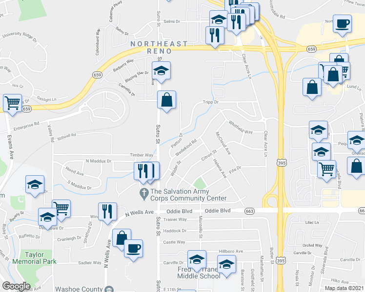 map of restaurants, bars, coffee shops, grocery stores, and more near 2120 Patton Drive in Reno