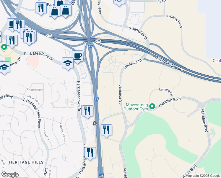 map of restaurants, bars, coffee shops, grocery stores, and more near 9189 South Jamaica Street in Parker