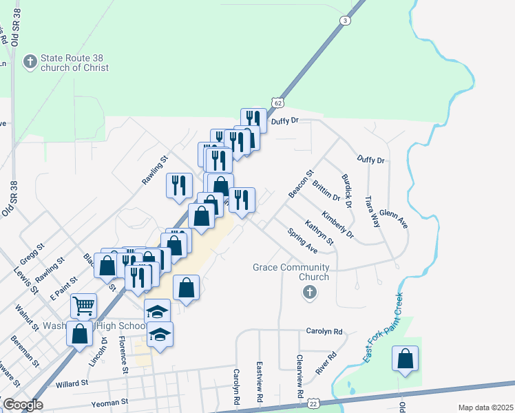 map of restaurants, bars, coffee shops, grocery stores, and more near 861 Kohler Drive in Washington Court House