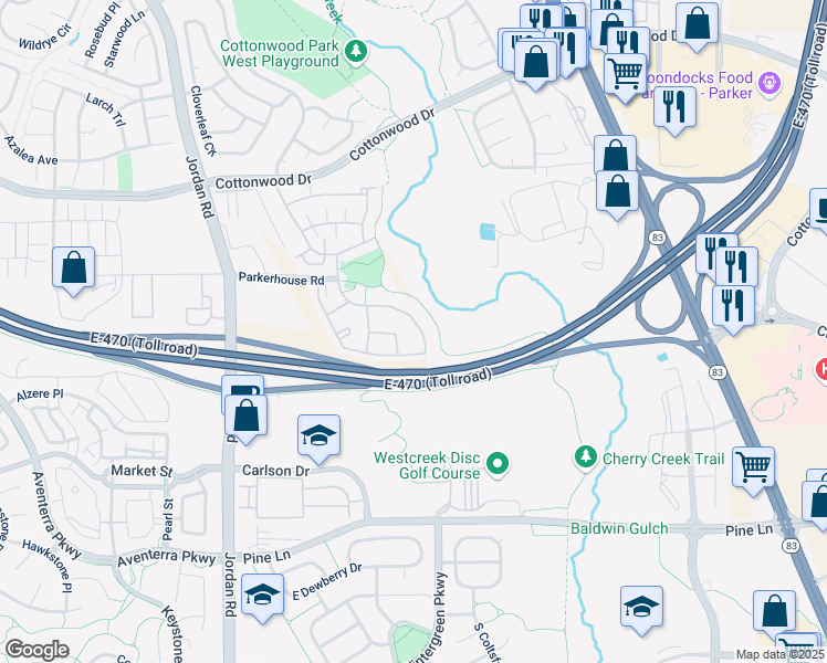 map of restaurants, bars, coffee shops, grocery stores, and more near 17335 Nature Walk Tr in Parker
