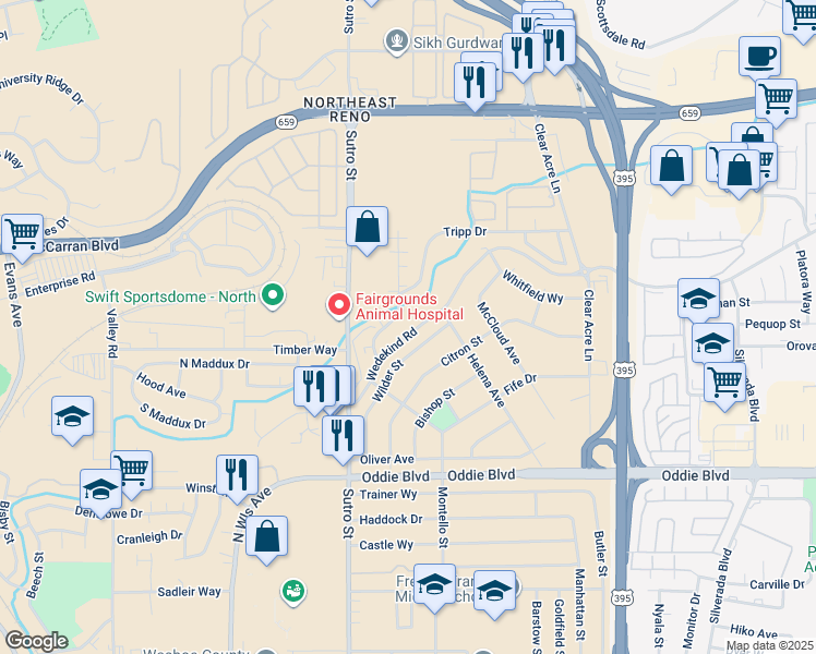 map of restaurants, bars, coffee shops, grocery stores, and more near 2120 Patton Drive in Reno