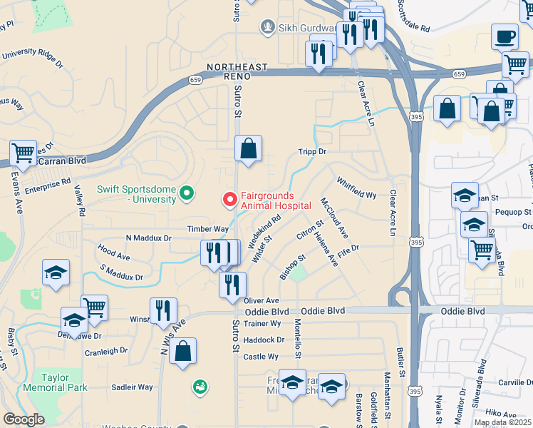 map of restaurants, bars, coffee shops, grocery stores, and more near 2428 Sutro Street in Reno