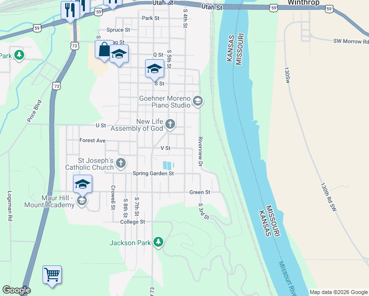 map of restaurants, bars, coffee shops, grocery stores, and more near 1099 South 4th Street in Atchison