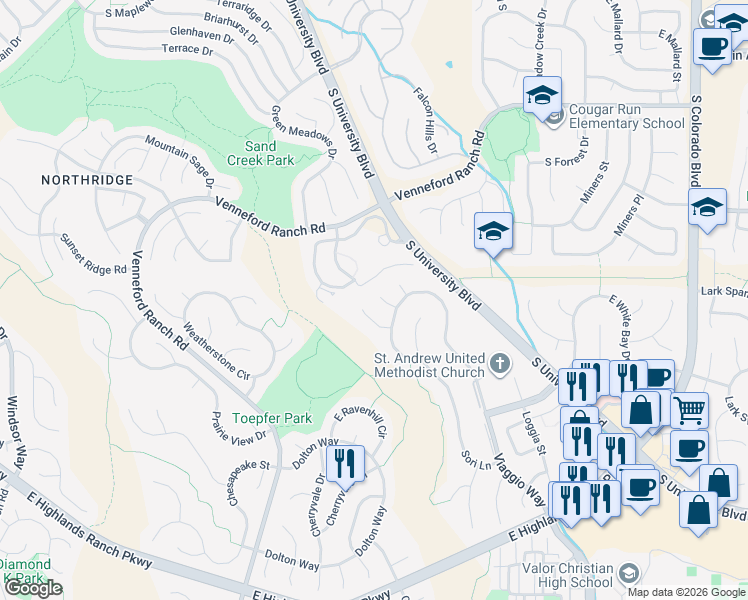 map of restaurants, bars, coffee shops, grocery stores, and more near 2781 Classic Drive in Littleton
