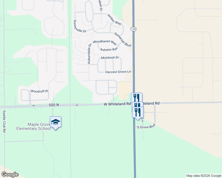 map of restaurants, bars, coffee shops, grocery stores, and more near 5300 Hartshire East Drive in Bargersville