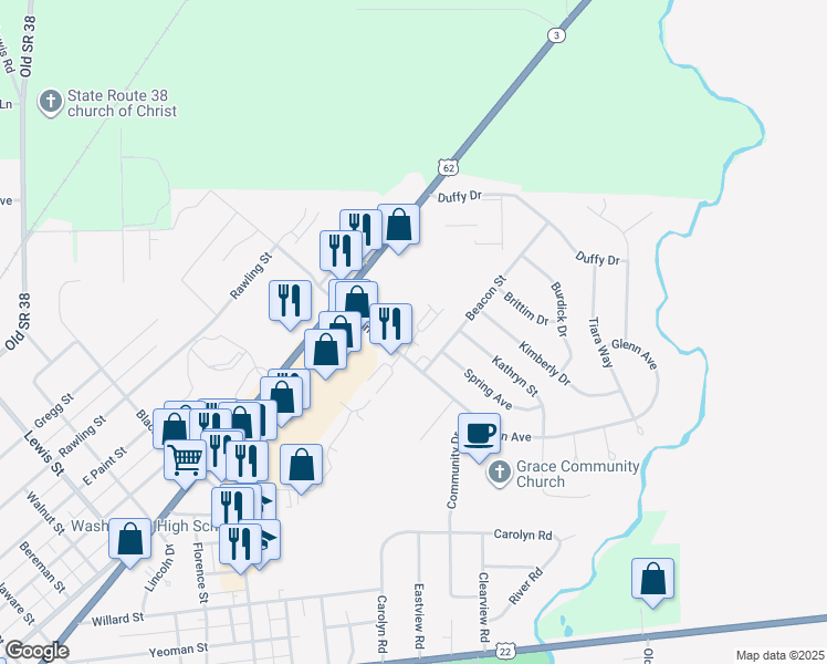 map of restaurants, bars, coffee shops, grocery stores, and more near 861 Kohler Drive in Washington Court House