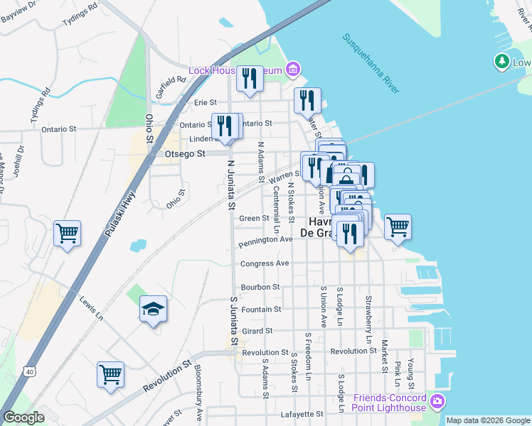 map of restaurants, bars, coffee shops, grocery stores, and more near 667 Green Street in Havre de Grace