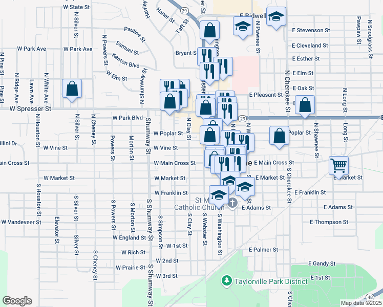 map of restaurants, bars, coffee shops, grocery stores, and more near 305 West Vine Street in Taylorville