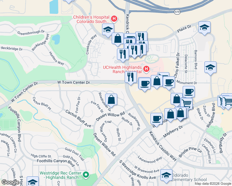 map of restaurants, bars, coffee shops, grocery stores, and more near 9154 Anasazi Indian Trail in Highlands Ranch