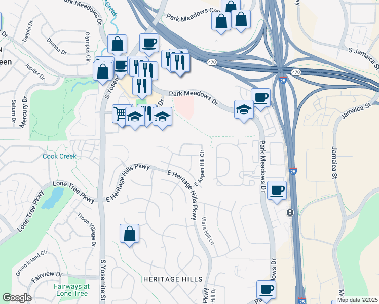 map of restaurants, bars, coffee shops, grocery stores, and more near 9523 East Aspen Hill Circle in Lone Tree