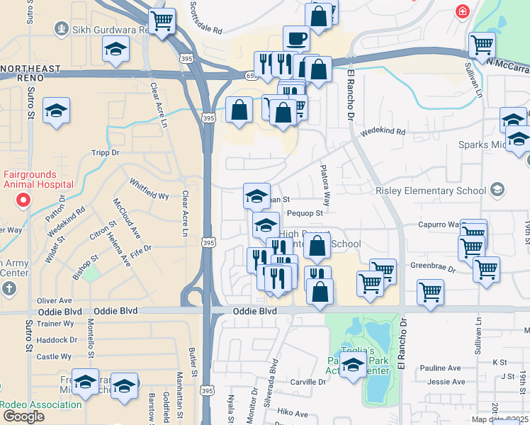 map of restaurants, bars, coffee shops, grocery stores, and more near 2450 Cannan Street in Reno