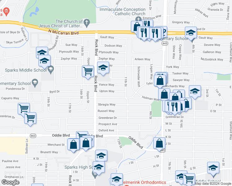 map of restaurants, bars, coffee shops, grocery stores, and more near 1185 Upton Way in Sparks