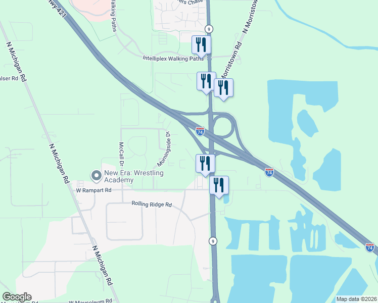 map of restaurants, bars, coffee shops, grocery stores, and more near 38 West Rampart Road in Shelbyville
