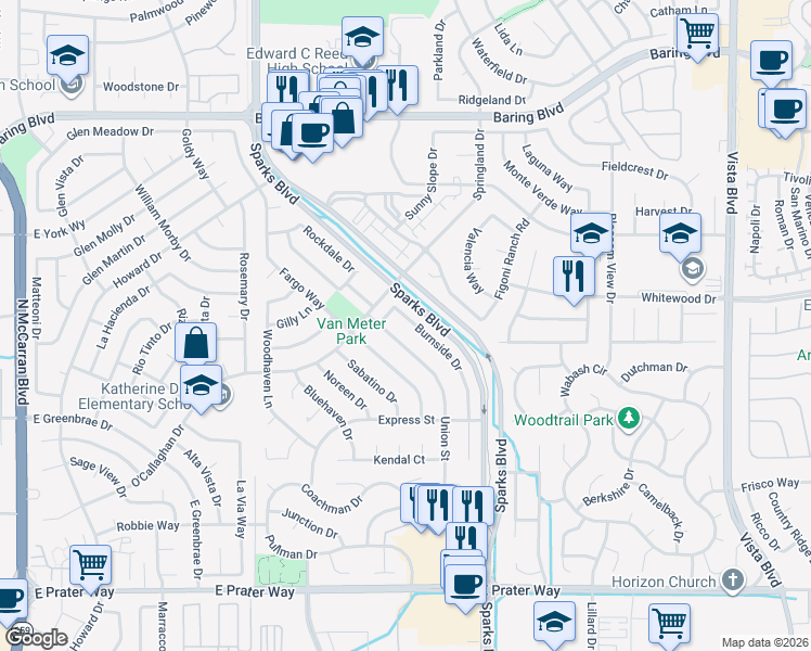 map of restaurants, bars, coffee shops, grocery stores, and more near 2050 Burnside Drive in Sparks