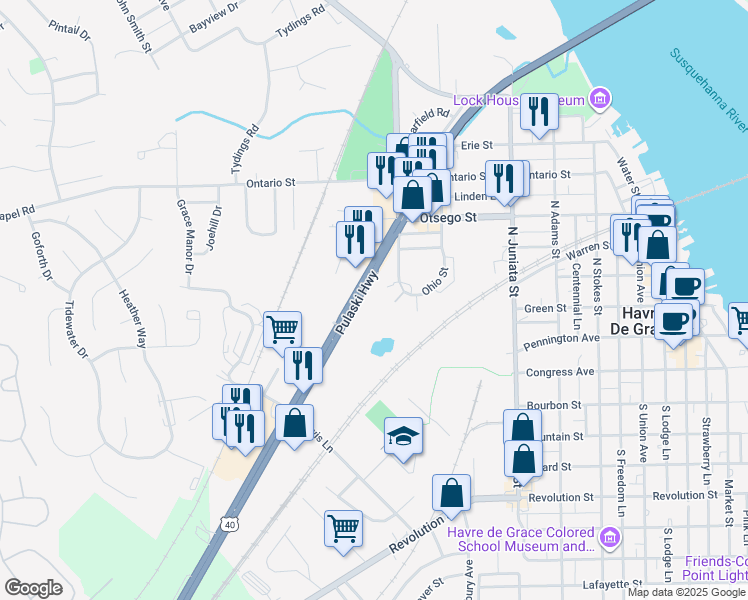 map of restaurants, bars, coffee shops, grocery stores, and more near 918 Pulaski Highway in Havre de Grace