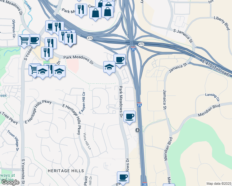 map of restaurants, bars, coffee shops, grocery stores, and more near 10176 Park Meadows Drive in Lone Tree