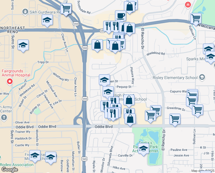 map of restaurants, bars, coffee shops, grocery stores, and more near 2475 Cannan Street in Reno