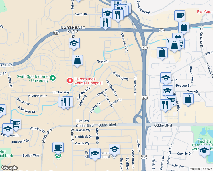 map of restaurants, bars, coffee shops, grocery stores, and more near 2030 McCloud Avenue in Reno