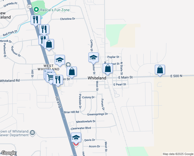 map of restaurants, bars, coffee shops, grocery stores, and more near in Whiteland