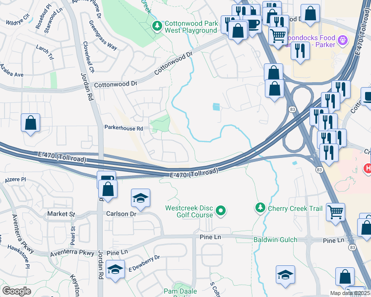 map of restaurants, bars, coffee shops, grocery stores, and more near 17497 Nature Walk Tr in Parker