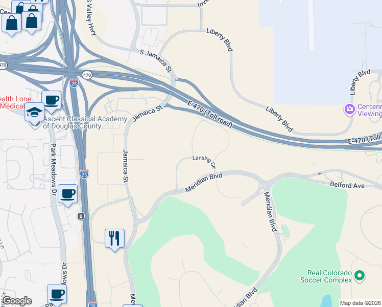 map of restaurants, bars, coffee shops, grocery stores, and more near 11039 Lansing Circle in Parker