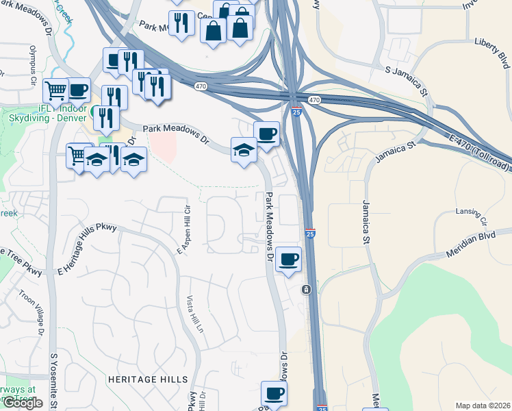 map of restaurants, bars, coffee shops, grocery stores, and more near 10176 Park Meadows Drive in Lone Tree