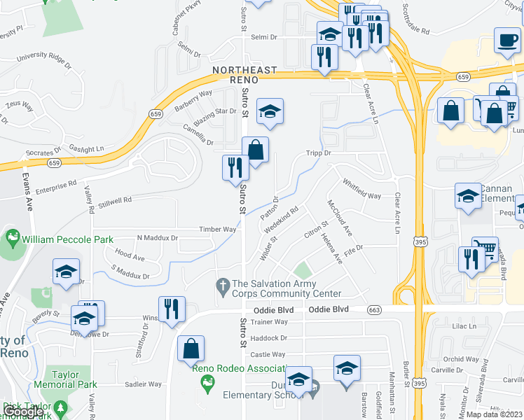 map of restaurants, bars, coffee shops, grocery stores, and more near 2428 Sutro Street in Reno