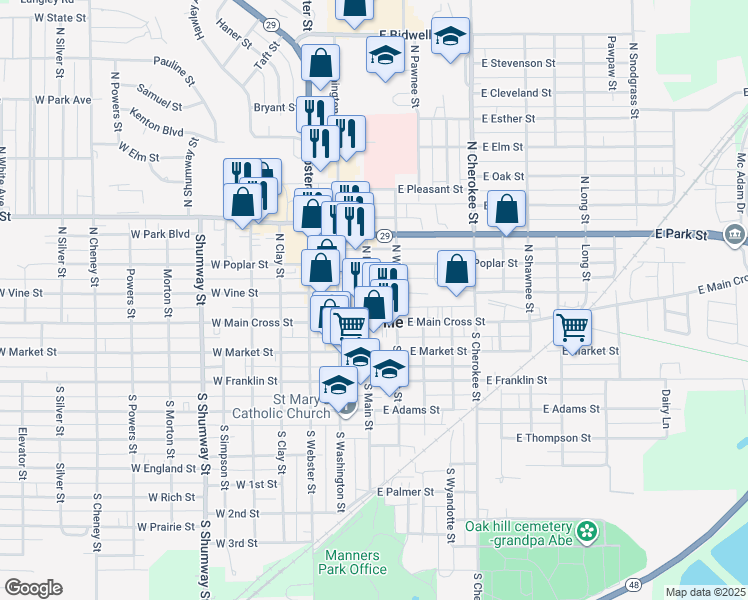 map of restaurants, bars, coffee shops, grocery stores, and more near 208 North Main Street in Taylorville