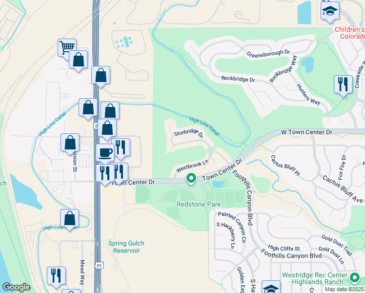 map of restaurants, bars, coffee shops, grocery stores, and more near 3465 Westbrook Lane in Littleton