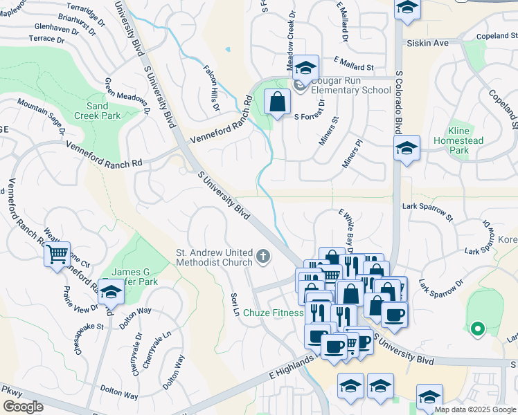 map of restaurants, bars, coffee shops, grocery stores, and more near 9160 South University Boulevard in Highlands Ranch