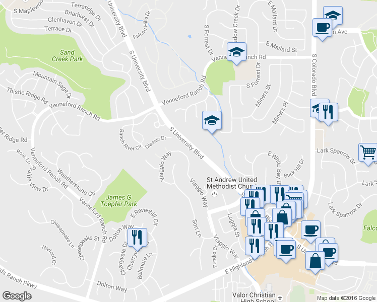 map of restaurants, bars, coffee shops, grocery stores, and more near 9234 Viaggio Way in Littleton
