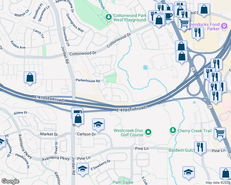 map of restaurants, bars, coffee shops, grocery stores, and more near 17335 Nature Walk Tr in Parker