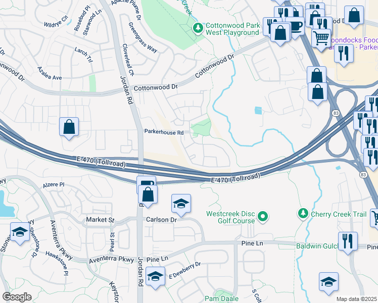 map of restaurants, bars, coffee shops, grocery stores, and more near 9142 Lodestar Lane in Parker
