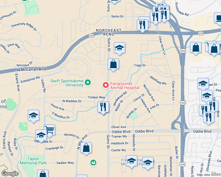 map of restaurants, bars, coffee shops, grocery stores, and more near 2465 Sutro Street in Reno