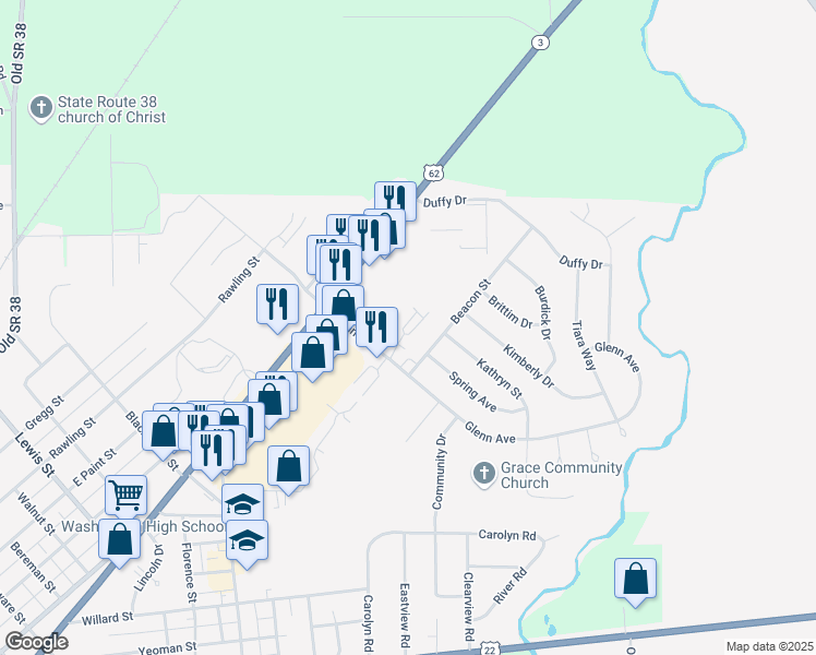 map of restaurants, bars, coffee shops, grocery stores, and more near 860 Kohler Drive in Washington Court House