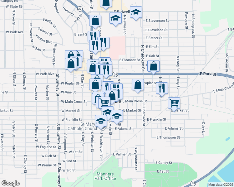 map of restaurants, bars, coffee shops, grocery stores, and more near 212 North Walnut Street in Taylorville