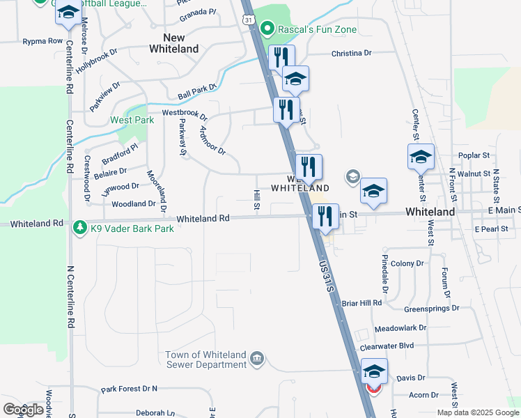 map of restaurants, bars, coffee shops, grocery stores, and more near 610 Whiteland Road in Whiteland