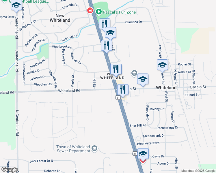 map of restaurants, bars, coffee shops, grocery stores, and more near 20 U.S. 31 in Whiteland