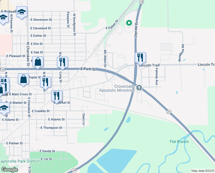 map of restaurants, bars, coffee shops, grocery stores, and more near 1610 East Main Cross Street in Taylorville