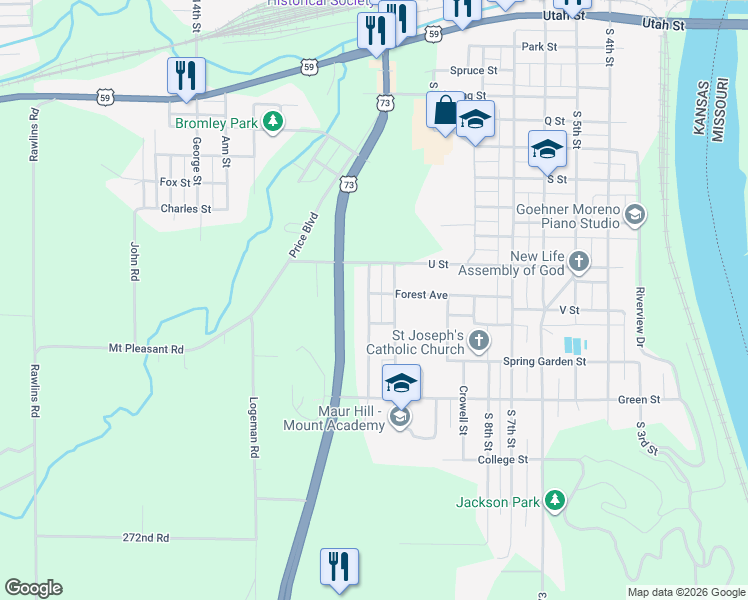 map of restaurants, bars, coffee shops, grocery stores, and more near 1021 Highland Avenue in Atchison