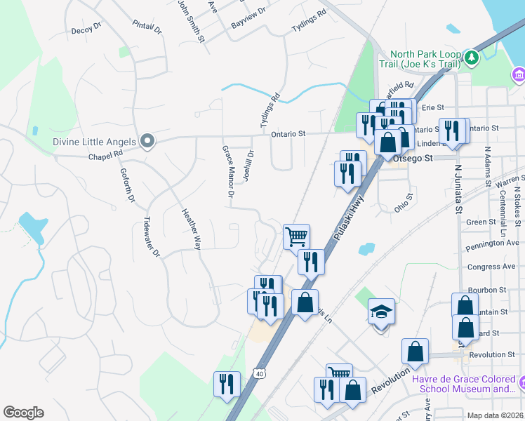 map of restaurants, bars, coffee shops, grocery stores, and more near 3003 Lewis Lane in Havre de Grace
