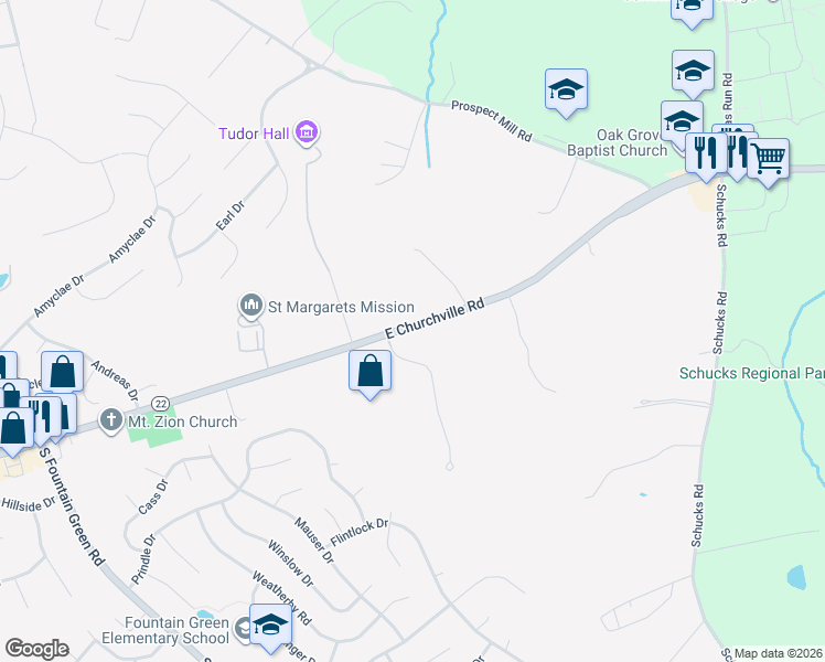 map of restaurants, bars, coffee shops, grocery stores, and more near 1831 Churchville Road in Bel Air