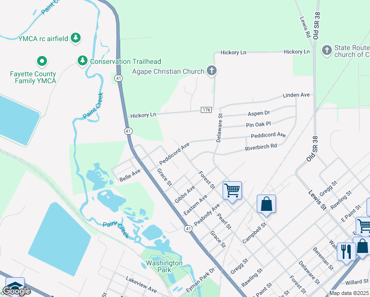 map of restaurants, bars, coffee shops, grocery stores, and more near 1360 Forest Street in Washington Court House
