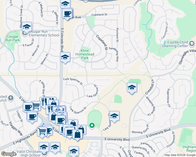 map of restaurants, bars, coffee shops, grocery stores, and more near 4645 Whitehall Lane in Littleton