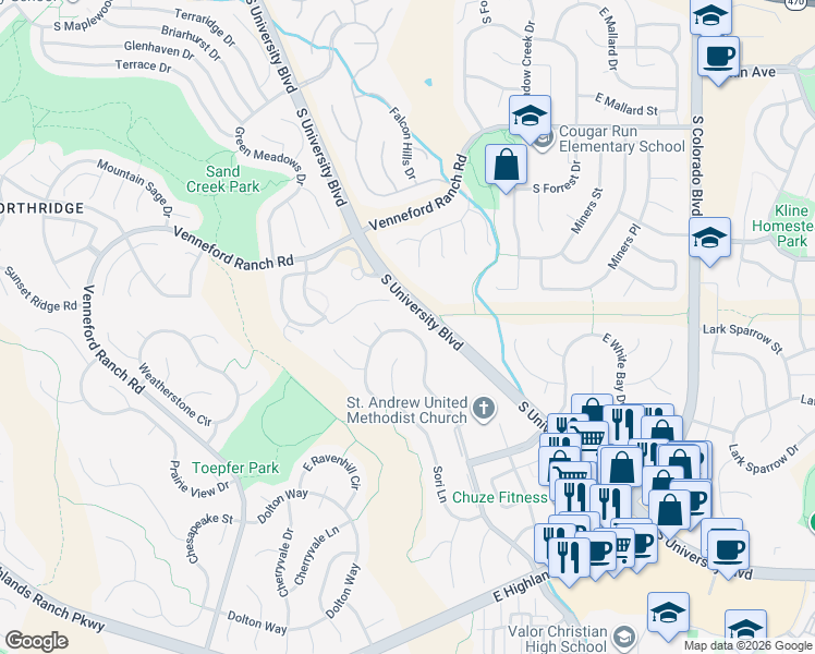 map of restaurants, bars, coffee shops, grocery stores, and more near 9206 Viaggio Way in Littleton