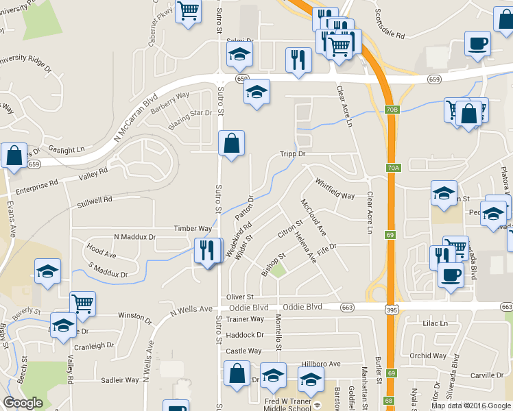map of restaurants, bars, coffee shops, grocery stores, and more near 2120 Patton Drive in Reno